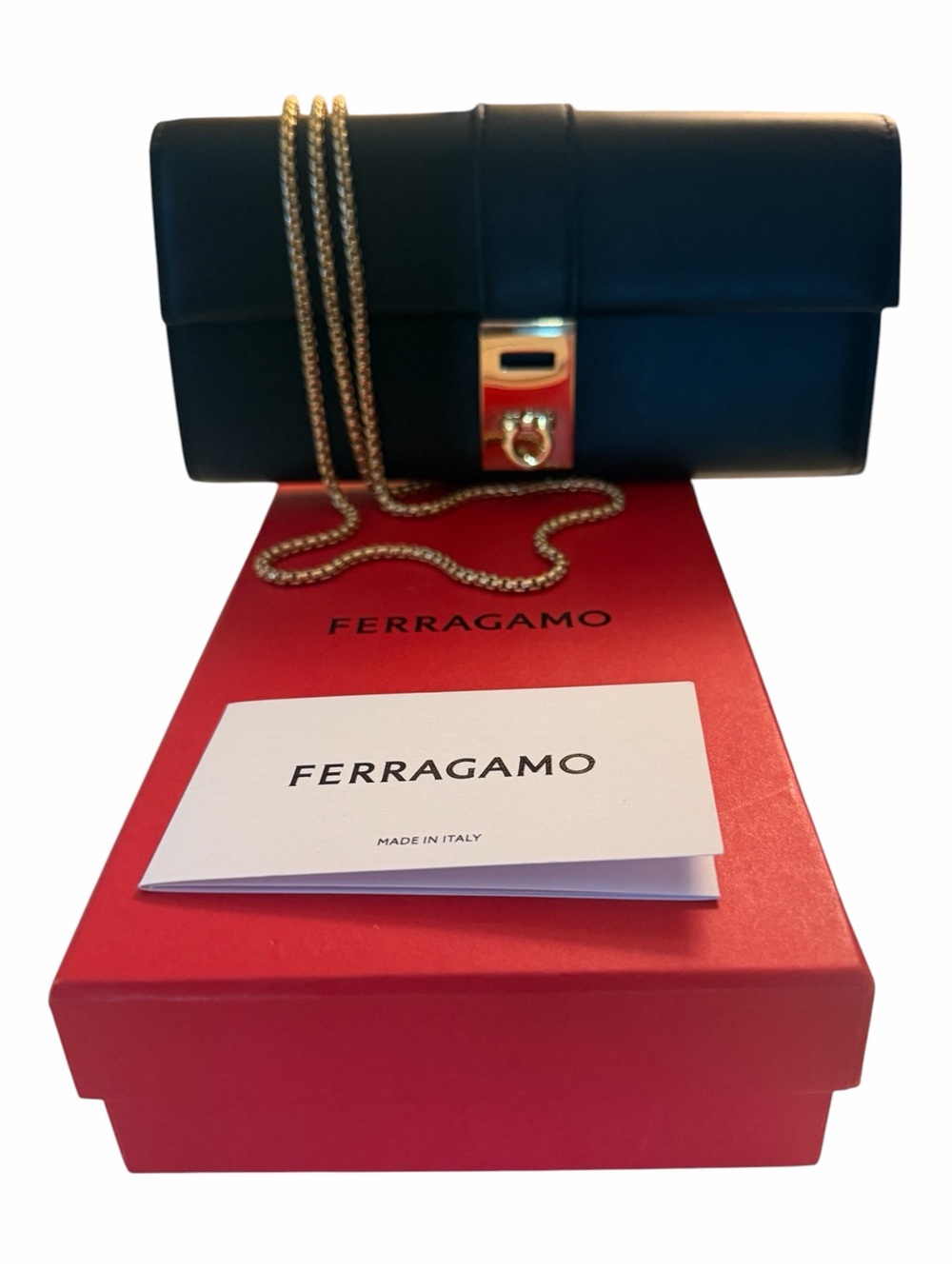 Ferragamo Gancini Black Leather Chain Crossbody Bag NIB